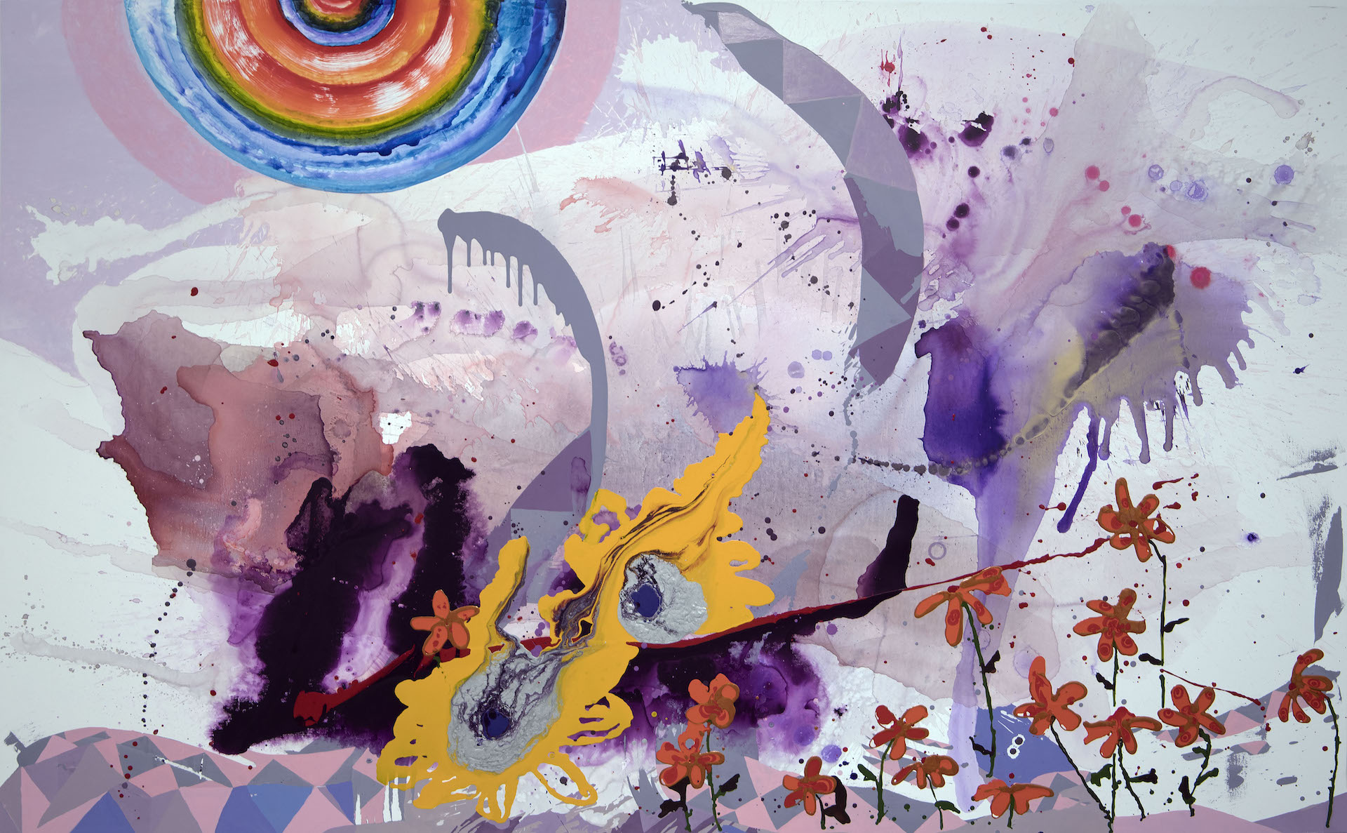 Large painting by Elisabeth Condon called Bulls Eye, 2023. Purple stains from poured acrylic paint are bones of this painting, in that Condon starts with these marks. She then builds the composition in response. In this painting, she has added an inverted rainbow in the upper right, two vertical arcs in grey over the middle, a golden yellow decorative motif over one the pours, and a splash small ochre flowers in the lower right quadrant.